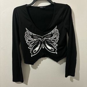 Cropped black long sleeve with butterfly design size large (L)